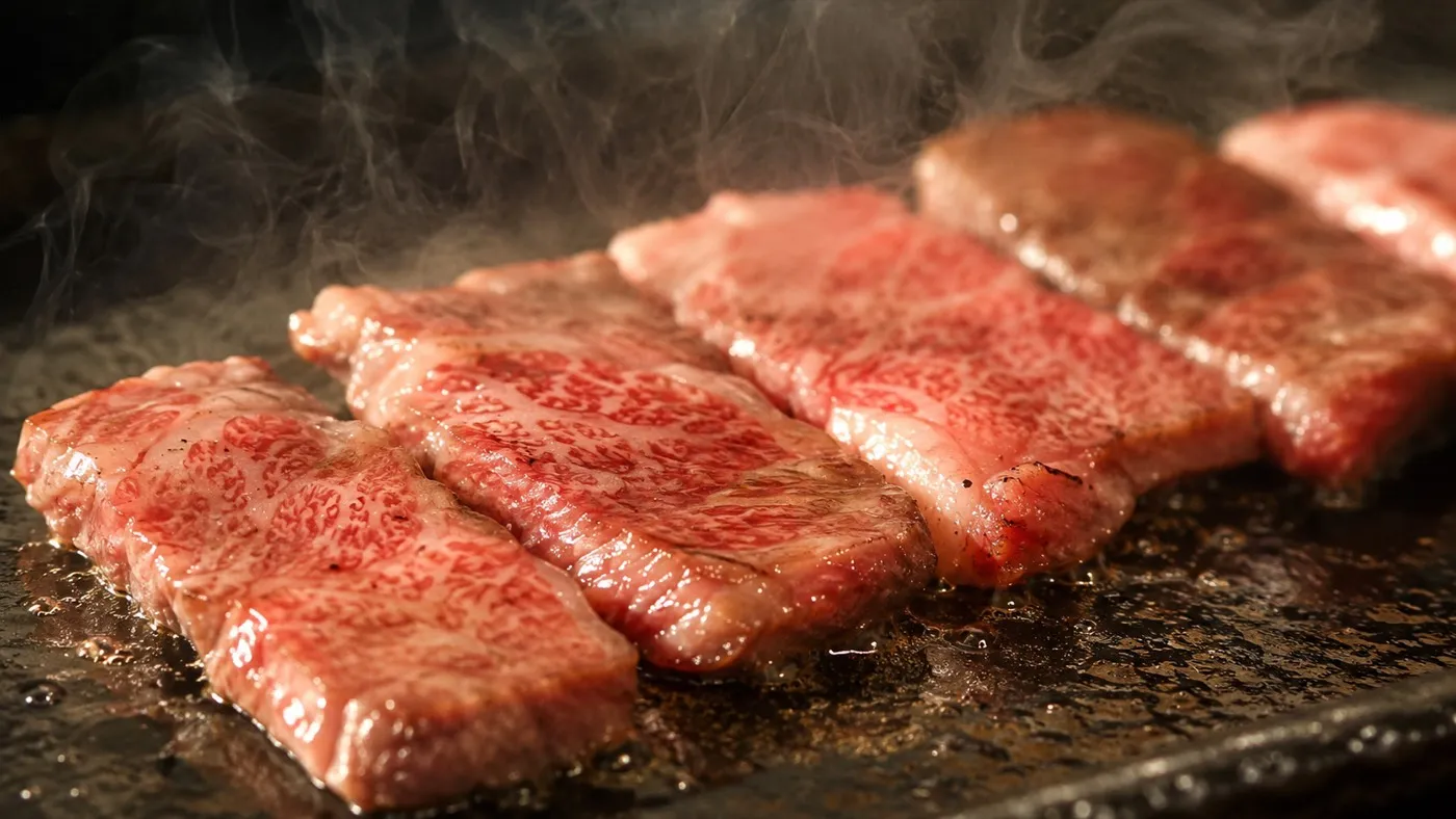 鉄板で焼ける霜降り和牛