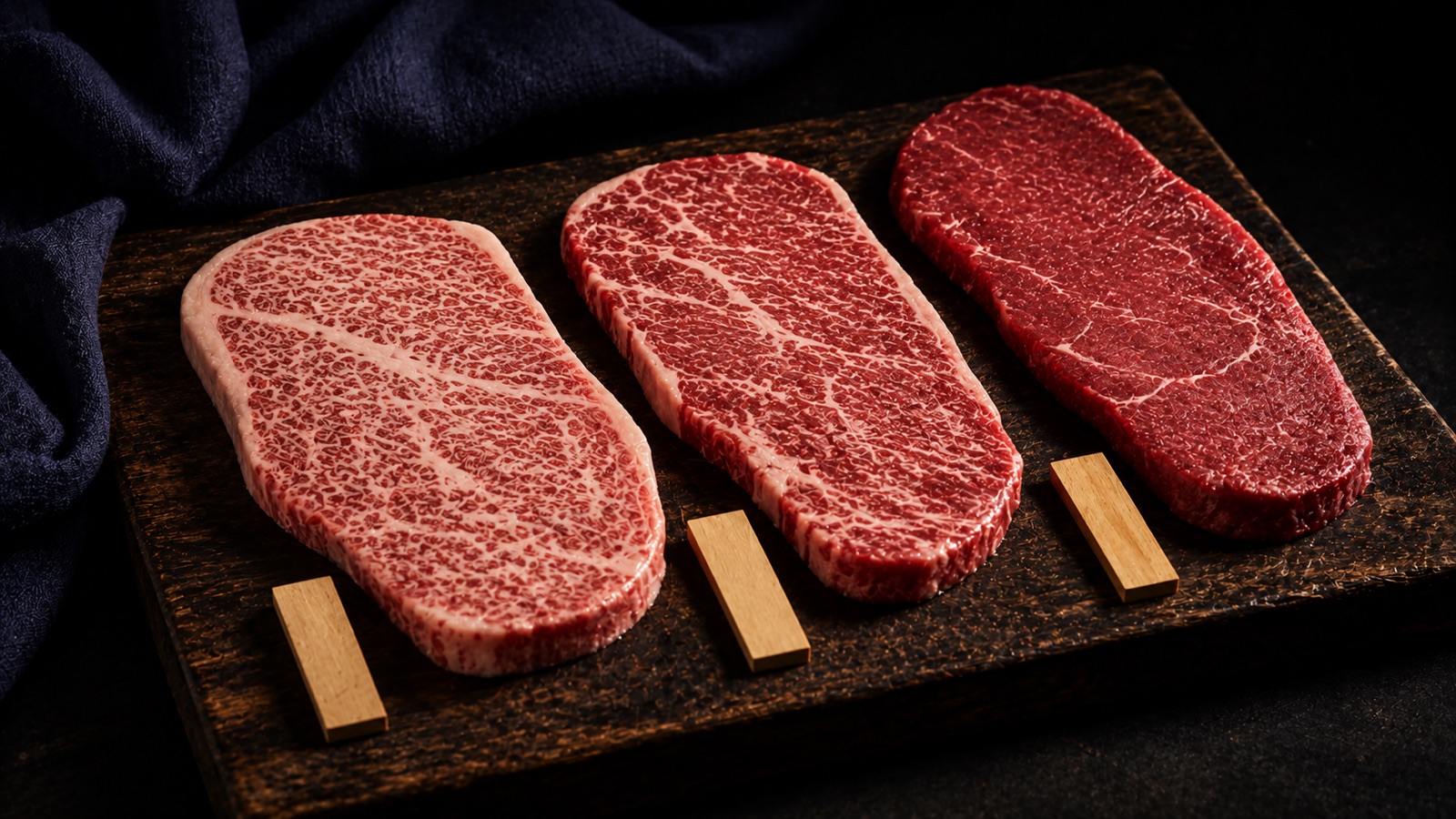 サシの入り方が異なる3枚の和牛スライス——霜降りの強い肉から赤身まで、同じ等級表示の中にも幅があることを示すイメージ